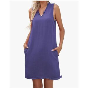 NEW Sleeveless Ruffled Deep V Neck Cotton Linen Dress Pockets XL